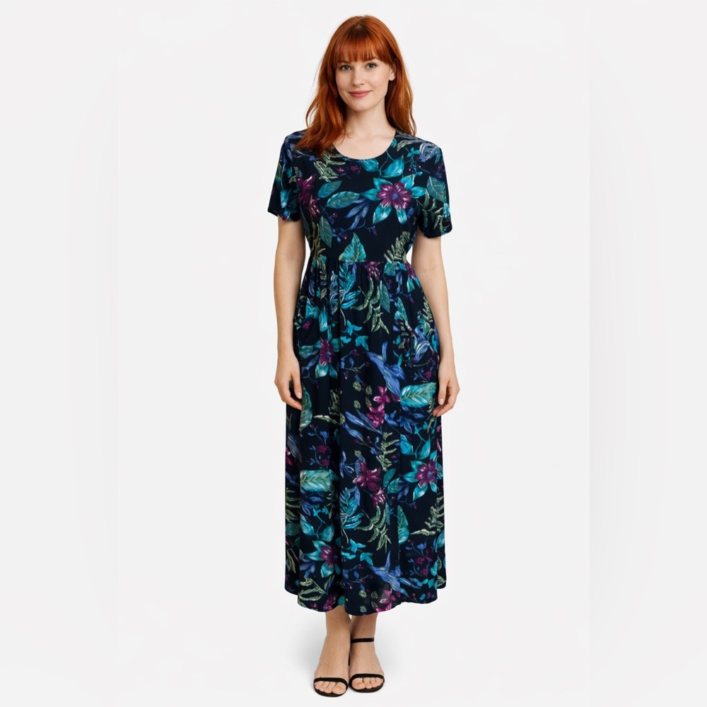Vintage 90s Floral Maxi Dress Short Sleeve Dark Botanical